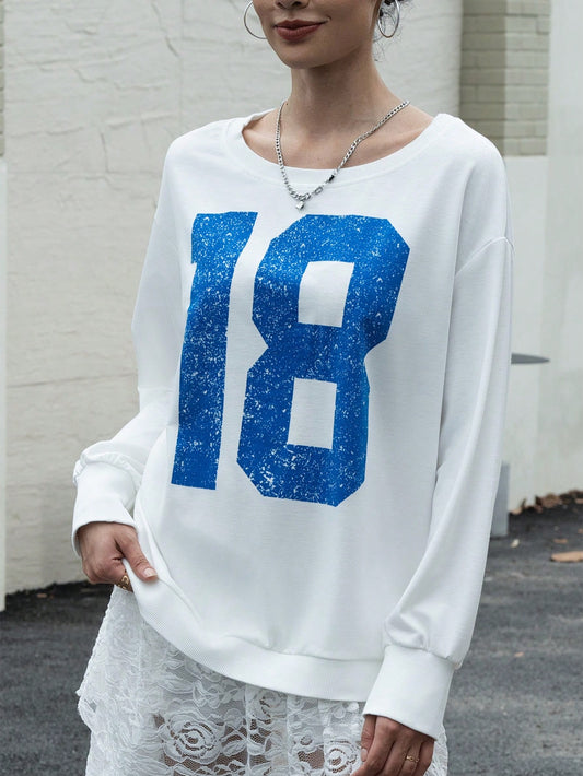 Numeric Print Round Neck Pullover Sweatshirt Fall Women Clothing