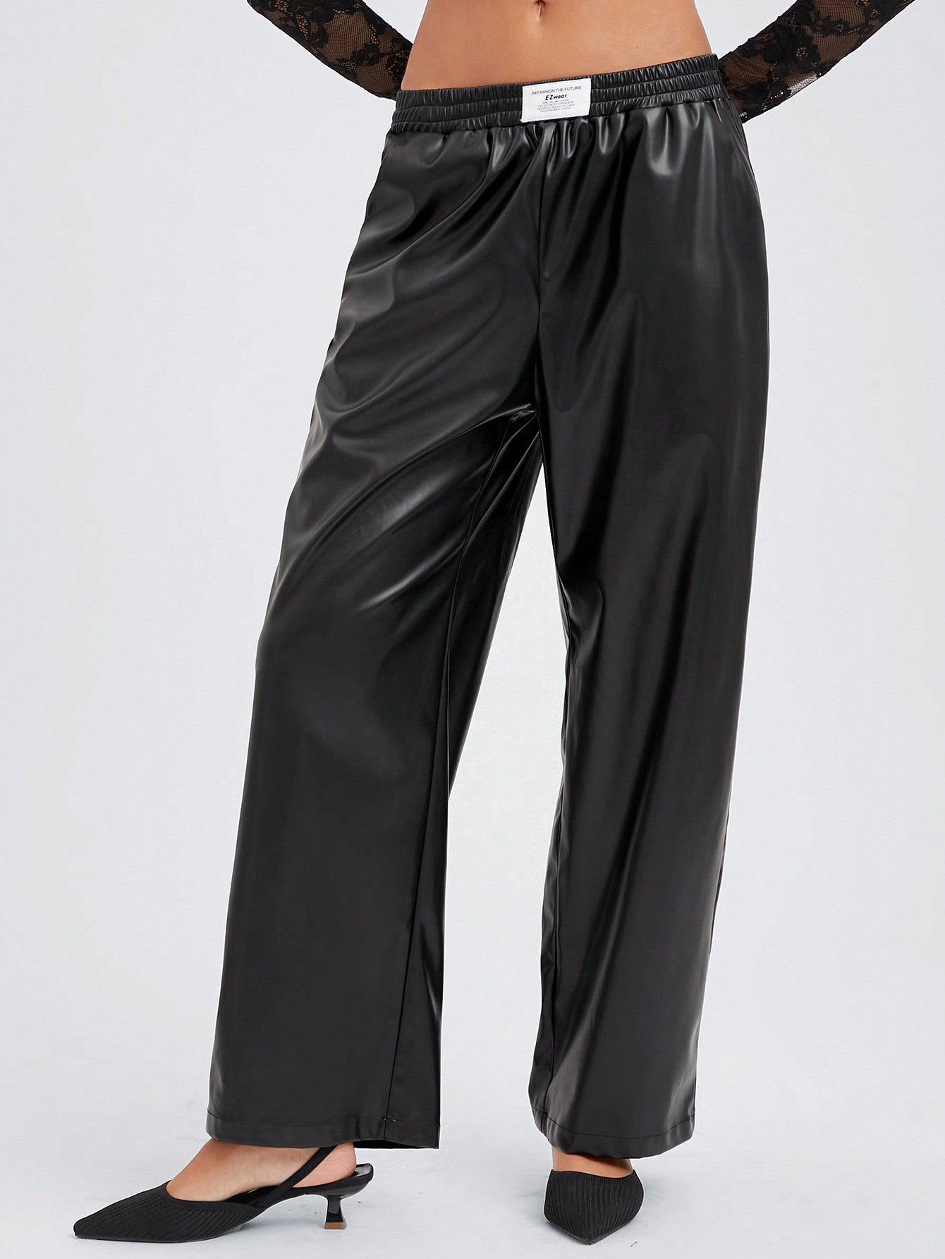 Women's Black Woven Casual Wide Leg Letter Printed Elastic Waist Palazzo Pants