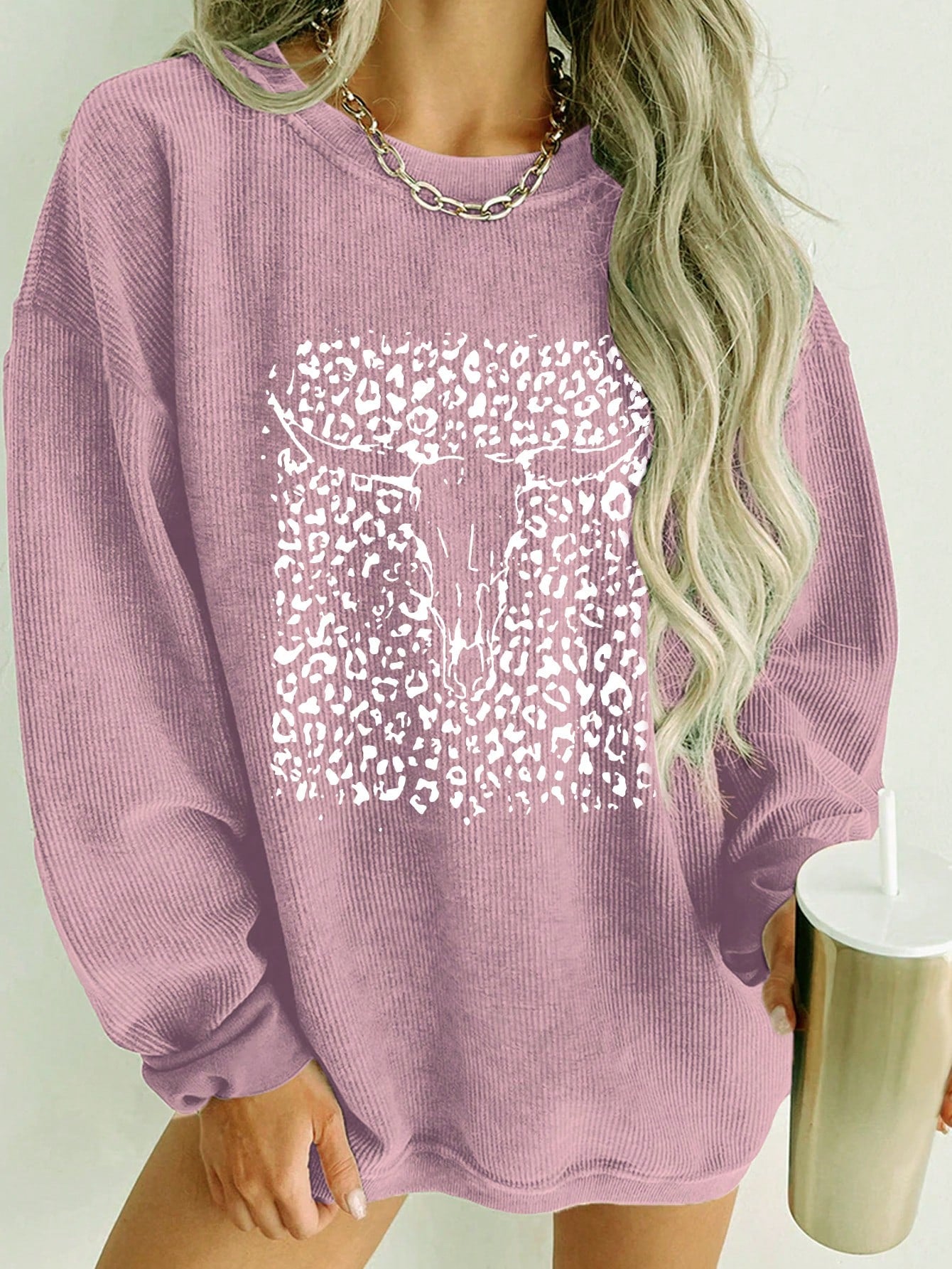 Women's Leopard Print Star Pattern Drop Shoulder Loose Casual Sweatshirt