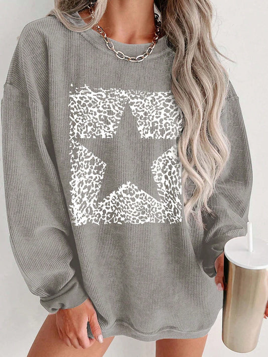 Women's Leopard Print Star Pattern Drop Shoulder Loose Casual Sweatshirt