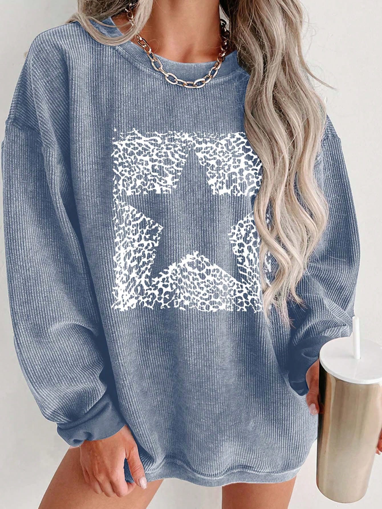 Women's Leopard Print Star Pattern Drop Shoulder Loose Casual Sweatshirt