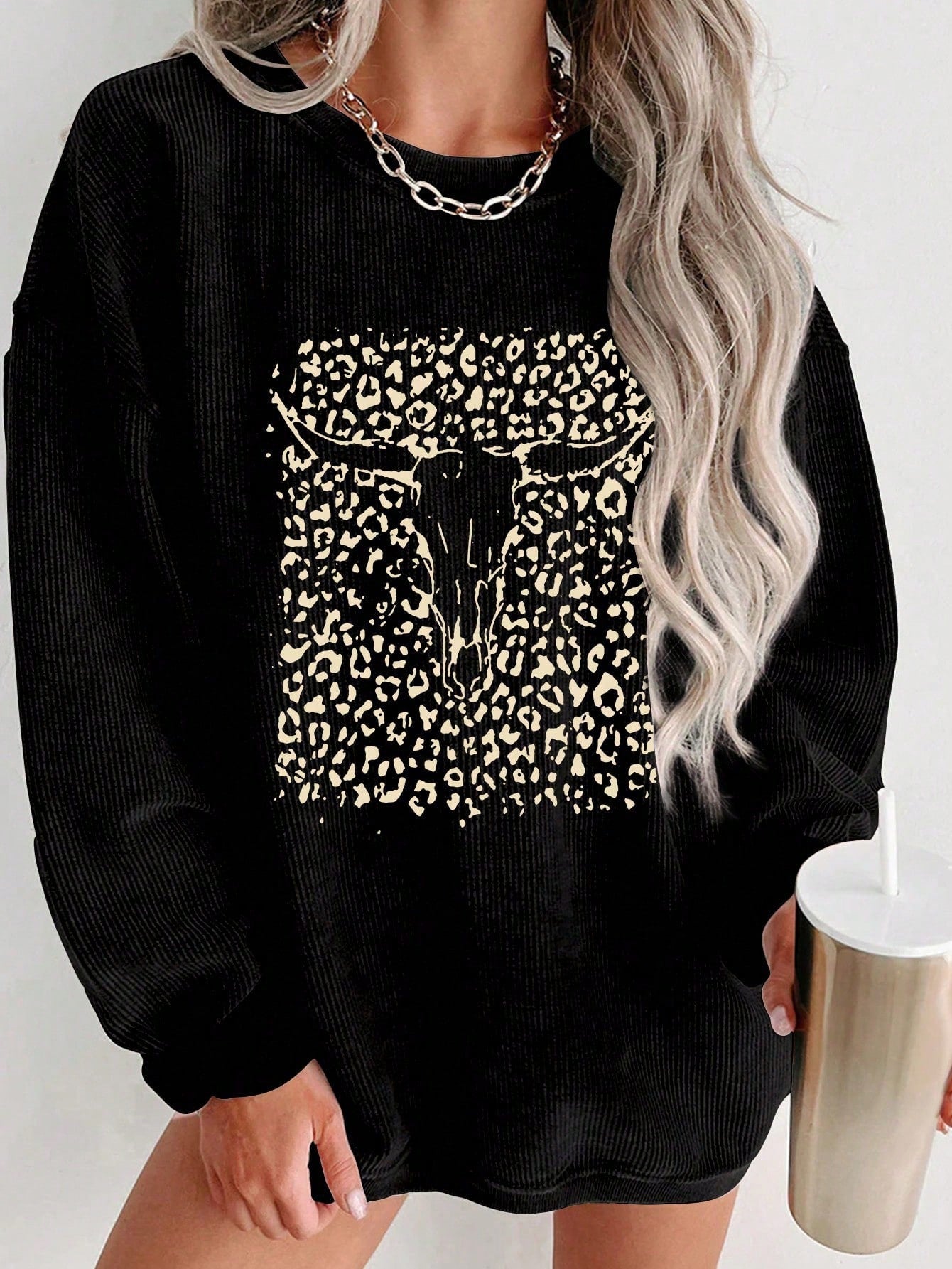 Women's Leopard Print Star Pattern Drop Shoulder Loose Casual Sweatshirt