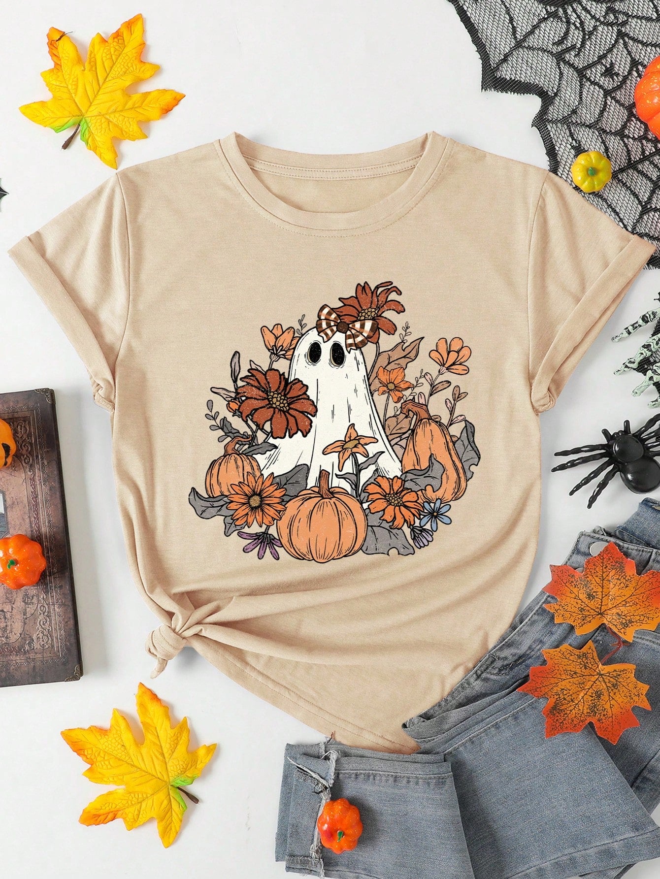 Women Pumpkin Ghost Print Round Neck Short Sleeve T-Shirt