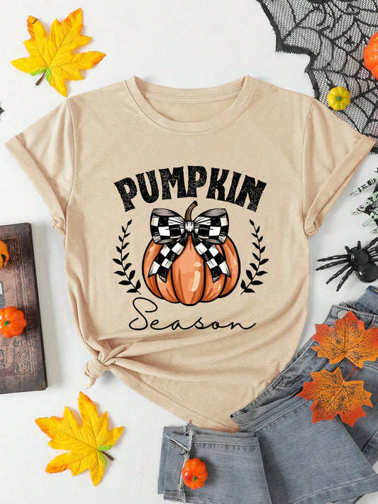 Women's Summer Pumpkin Letter Printed Round Neck Short Sleeve Casual T-Shirt