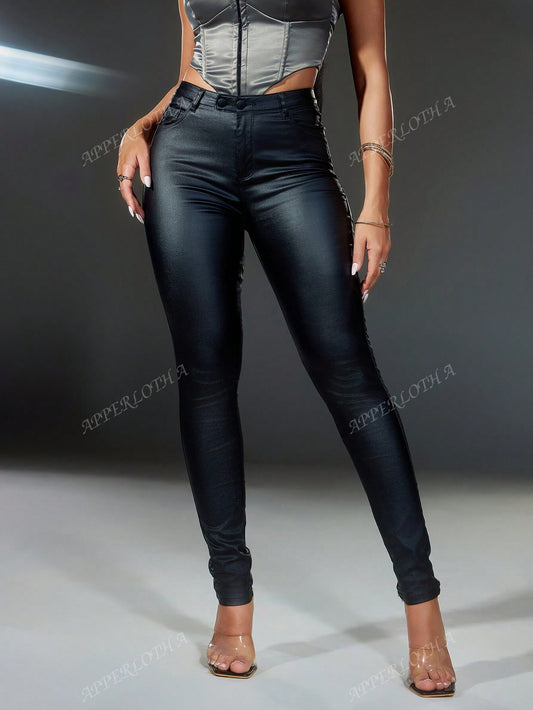 A Slant Pocket PU Leather Skinny Pants