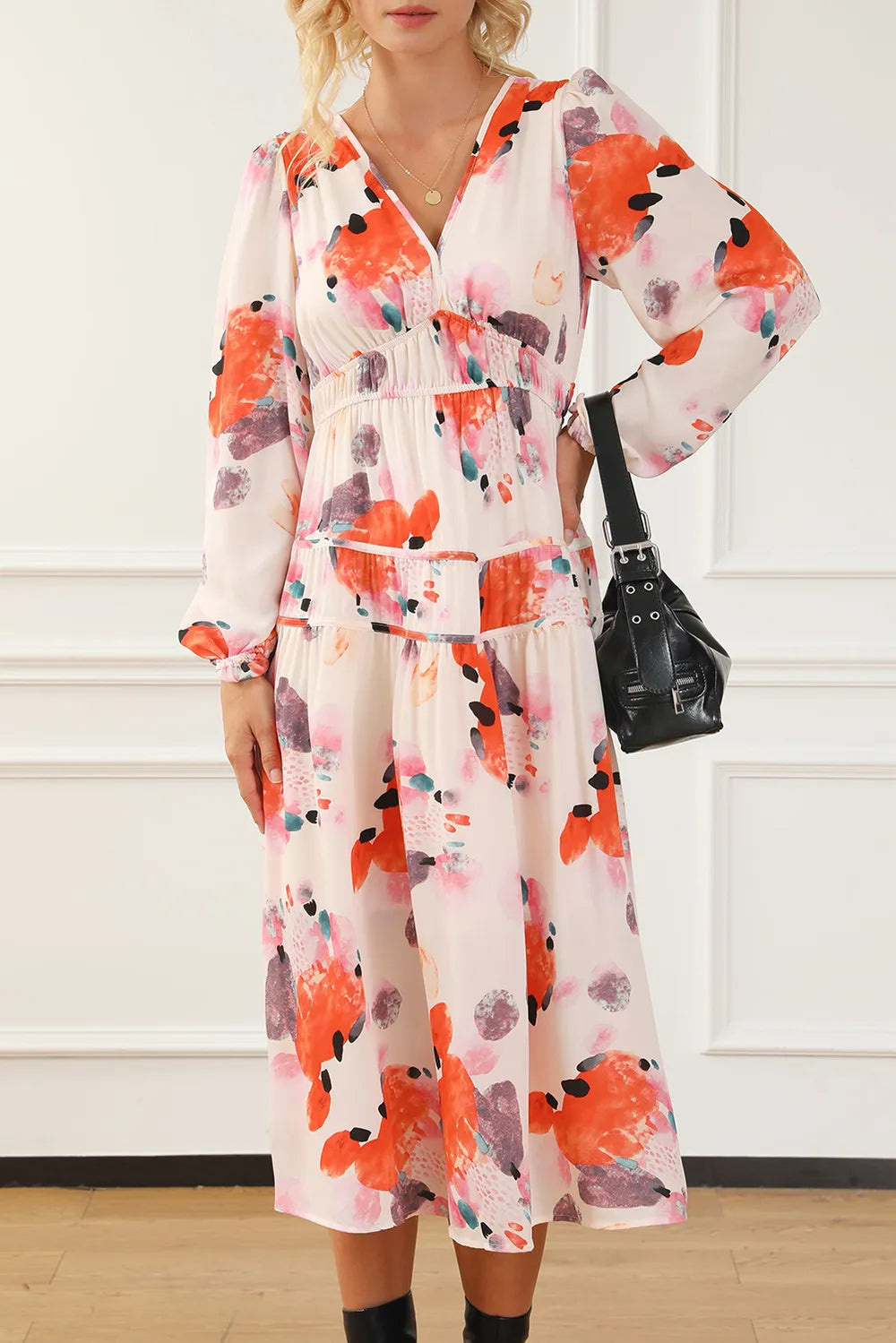 Printed V-Neck Balloon Sleeve Dress