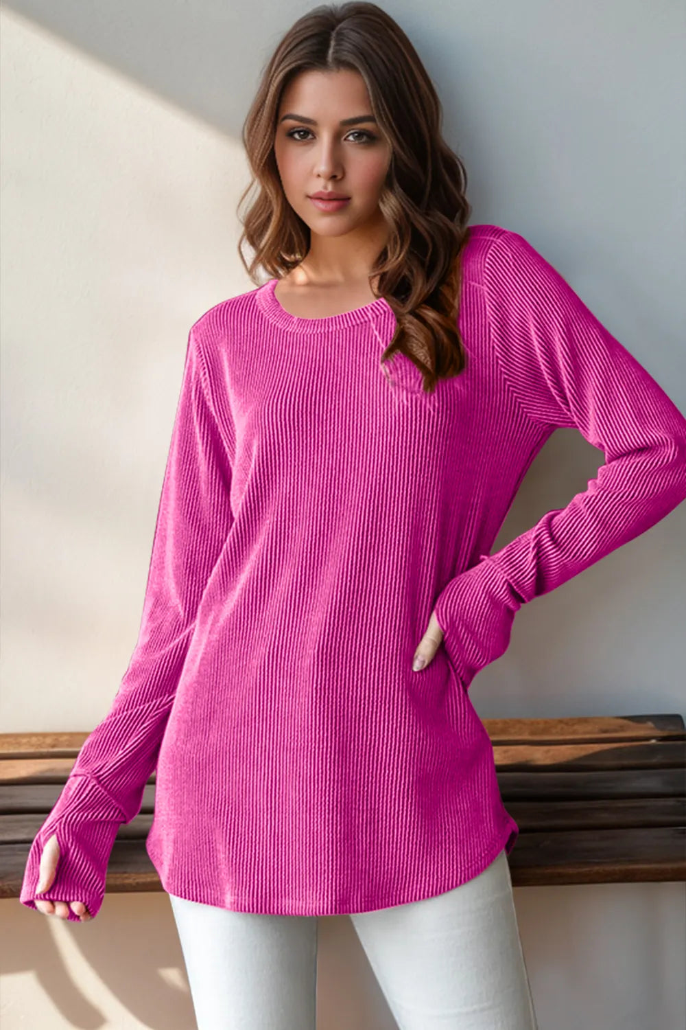 Double Take Full Size Round Neck Thumbhole Long Sleeve T-Shirt