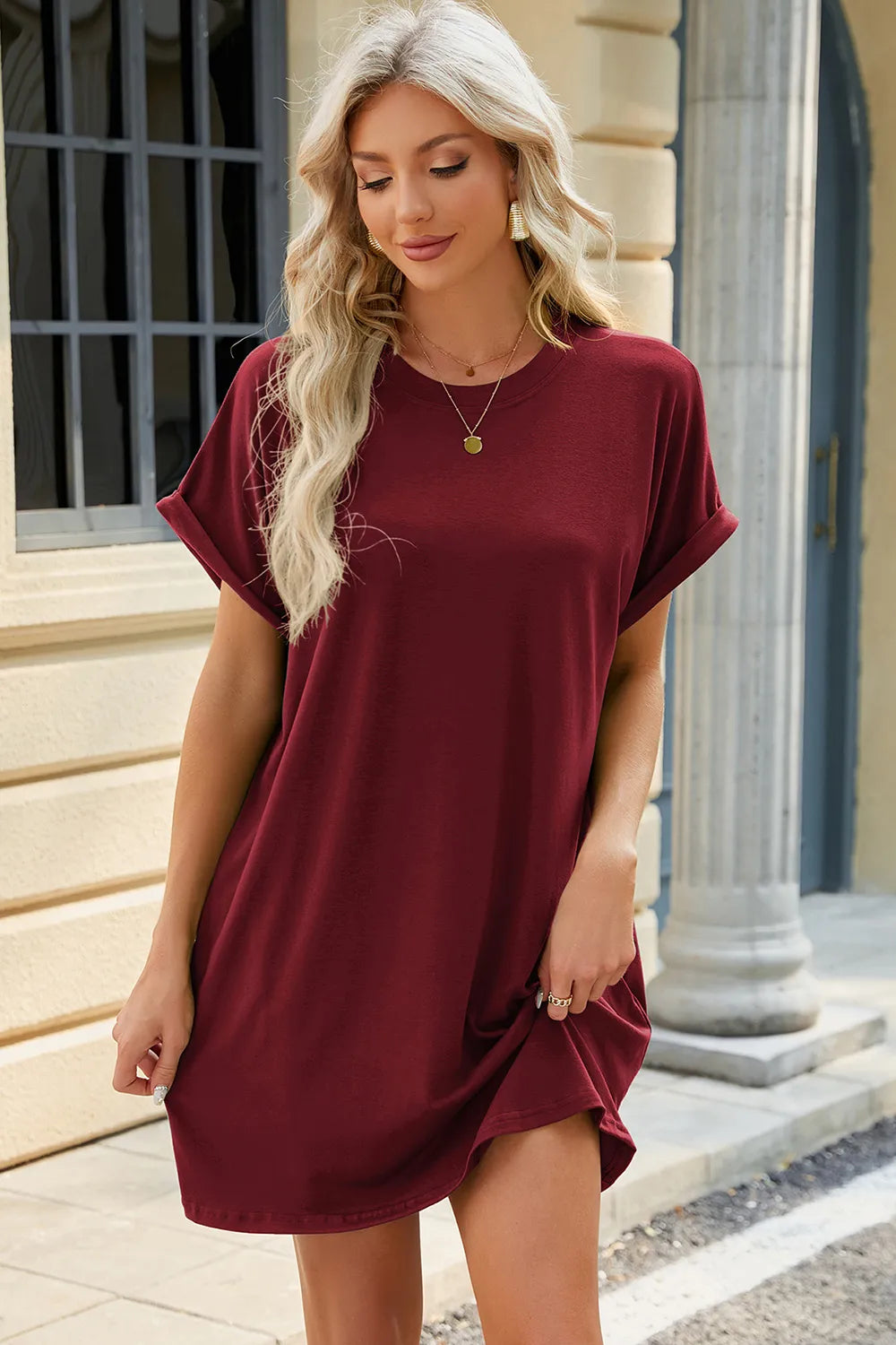 Round Neck Rolled Short Sleeve Tee Dress