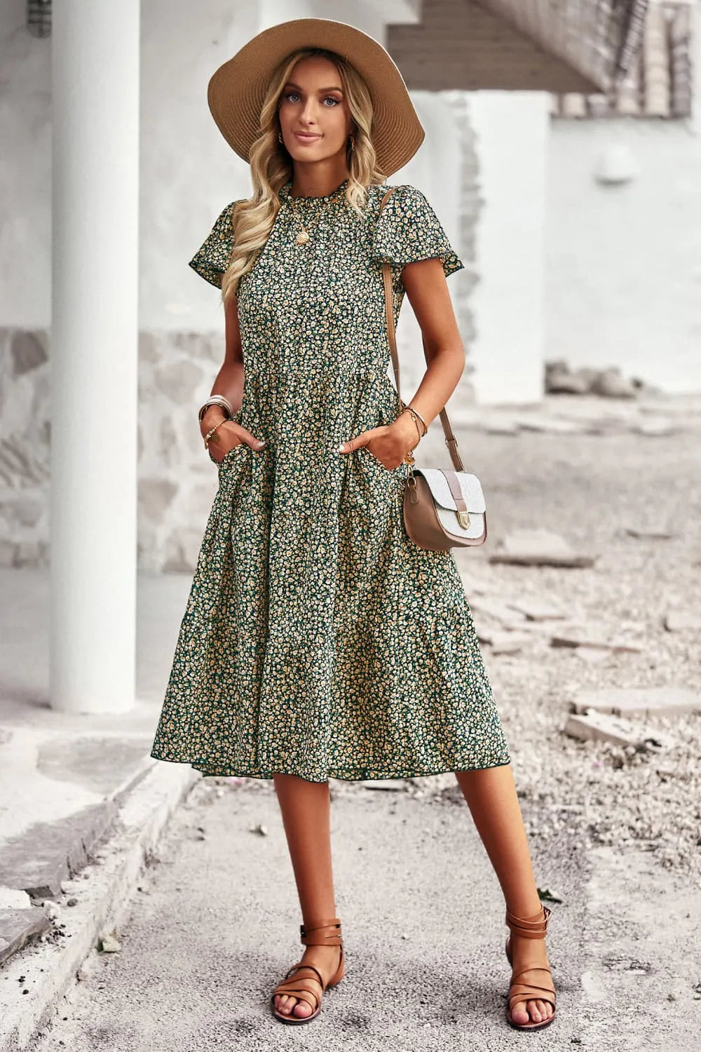 Round Neck Flutter Sleeve Midi Dress