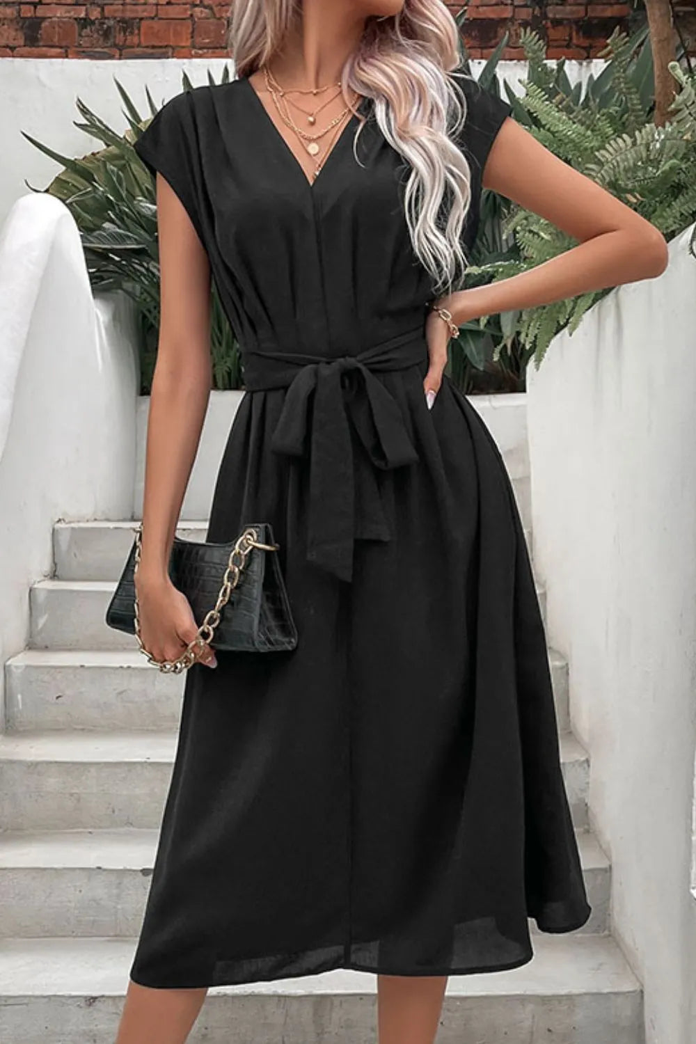 Tie Belt V-Neck Pleated Dress