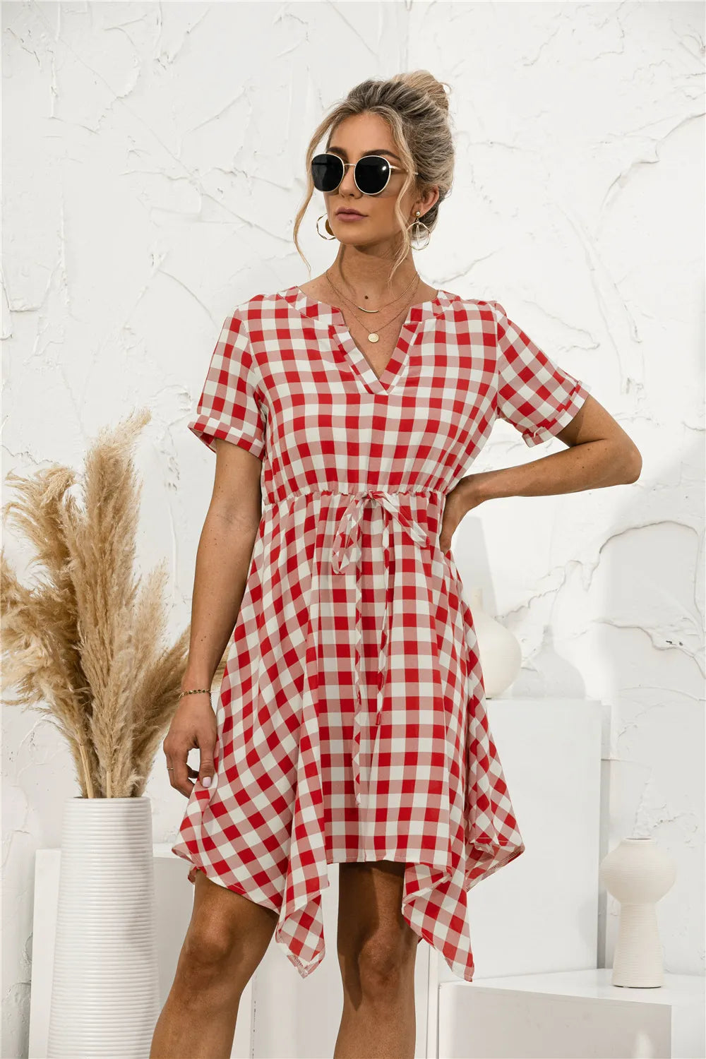 V-Neck Plaid  Asymmetrical Trim Dress