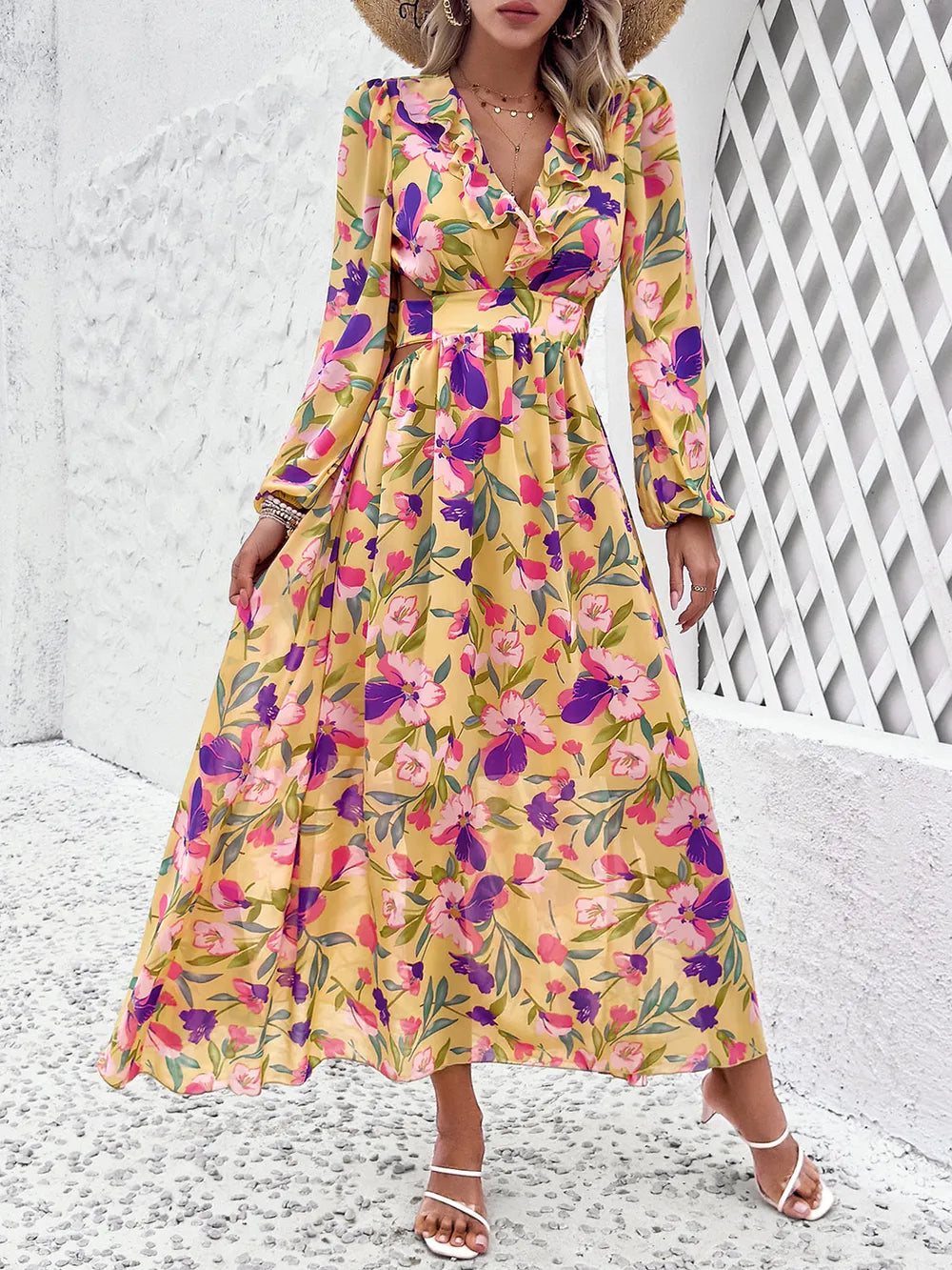 Cutout Printed V-Neck Balloon Sleeve Dress