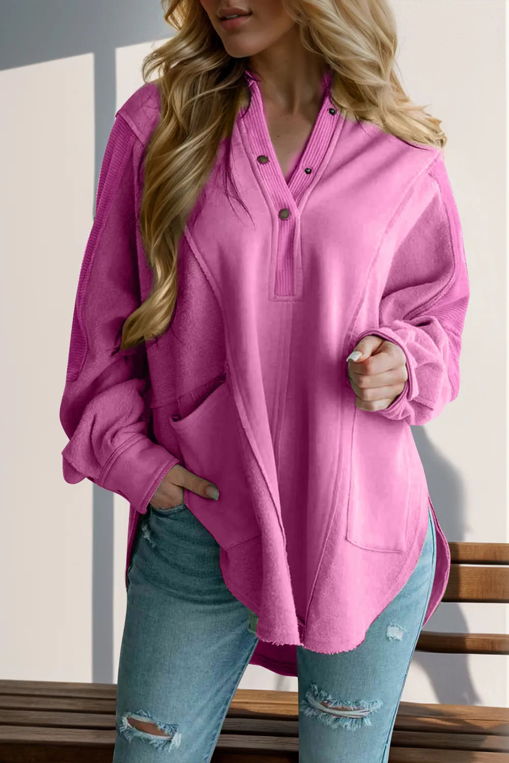 Double Take Full Size Half Snap Long Sleeve High-Low Hooded Top