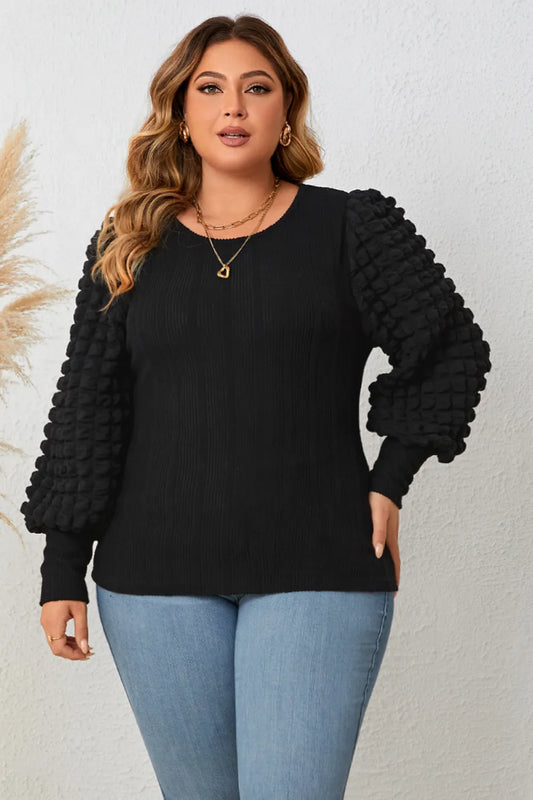 Plus Size Round Neck Lantern Sleeve Blouse