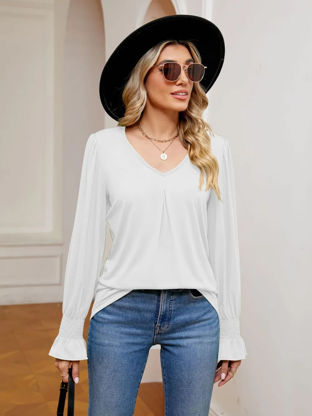 V-Neck Flounce Sleeve Blouse