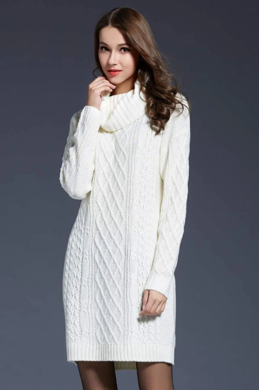 Woven Right Full Size Mixed Knit Cowl Neck Dropped Shoulder Sweater Dress