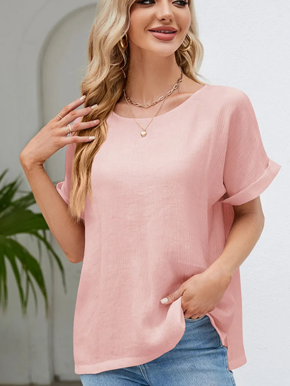 Round Neck Short Sleeve Blouse