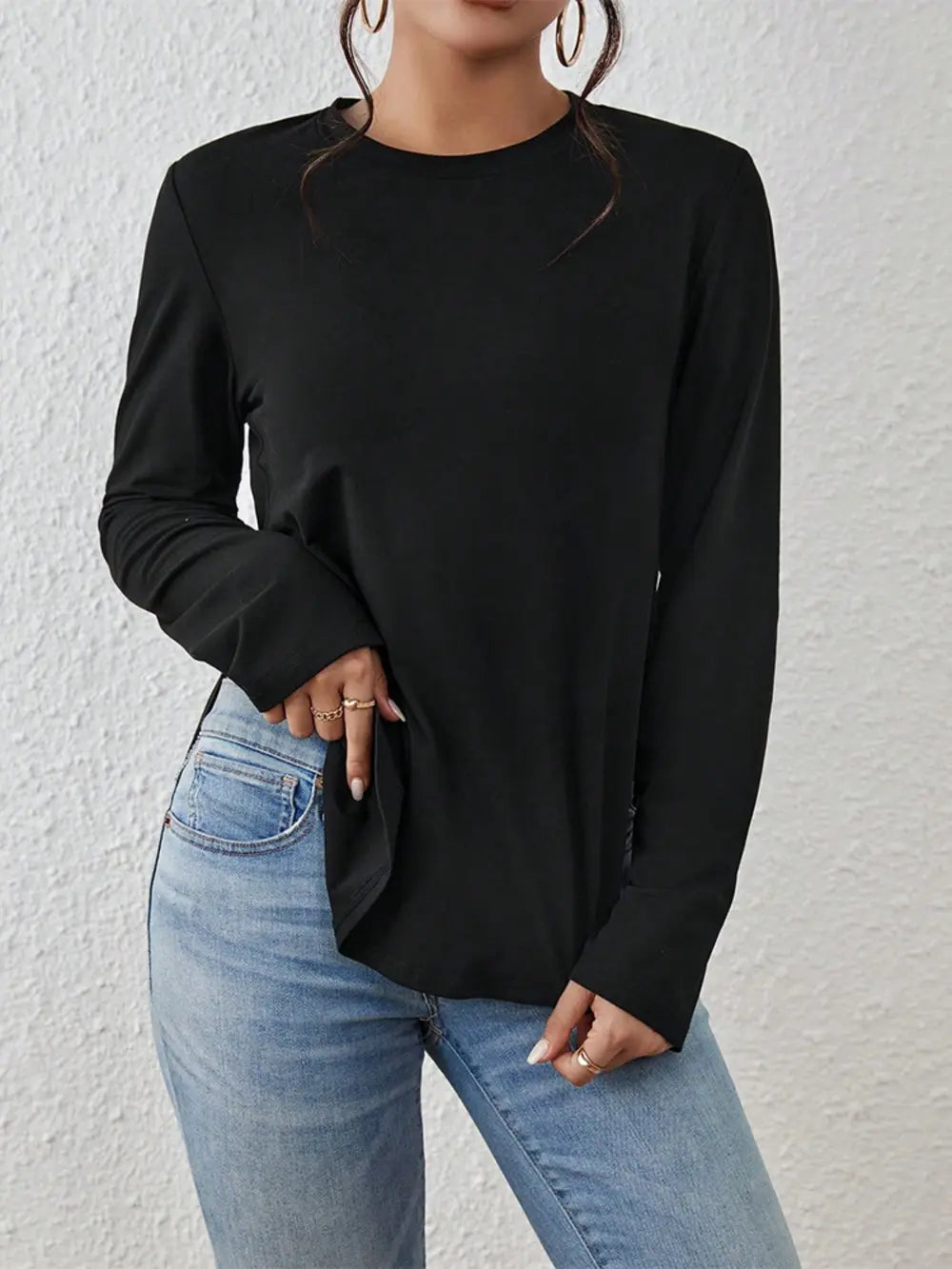 Round Neck Long Sleeve Slit T-Shirt