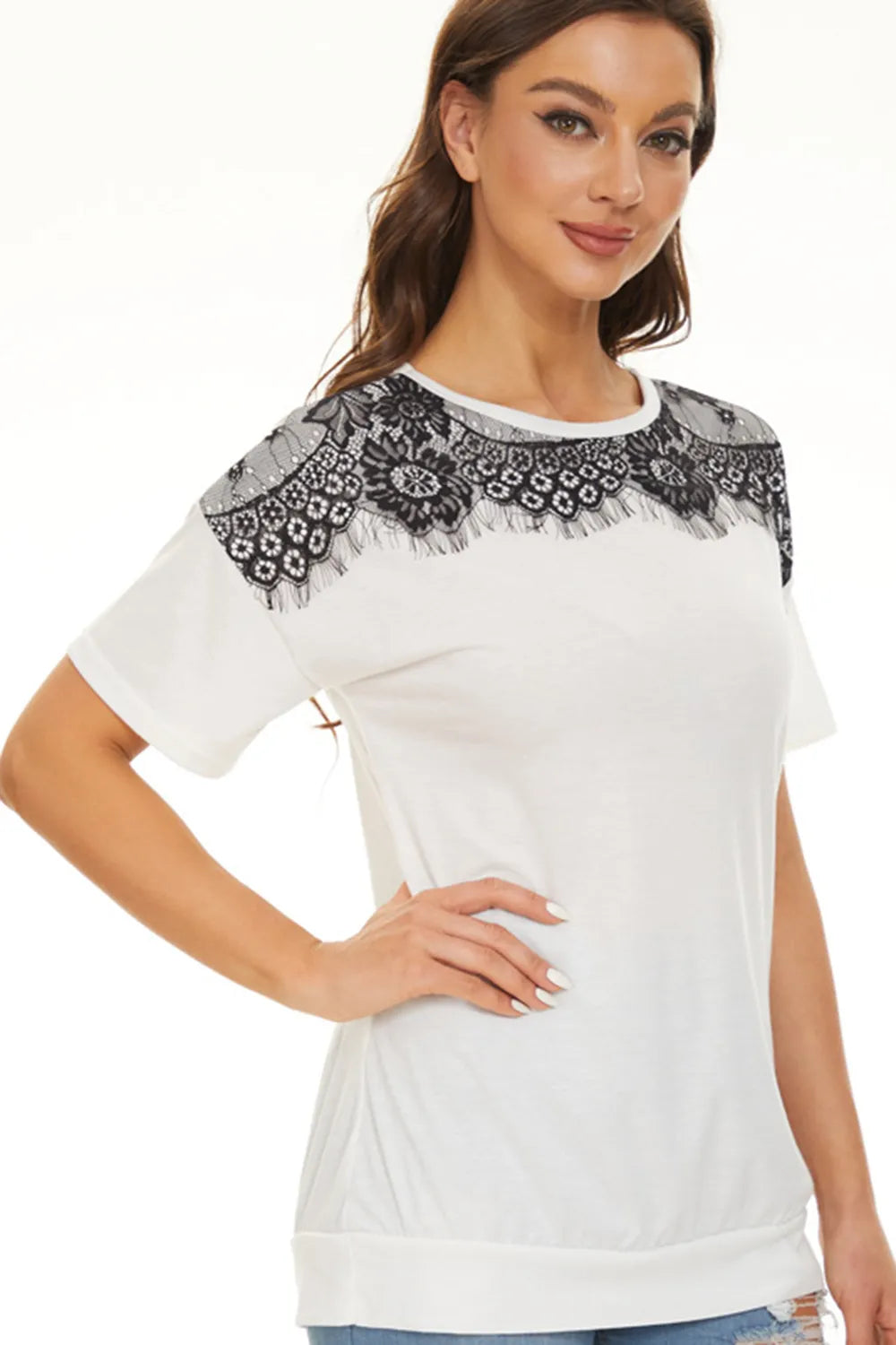 Lace Detail Round Neck Short Sleeve T-Shirt