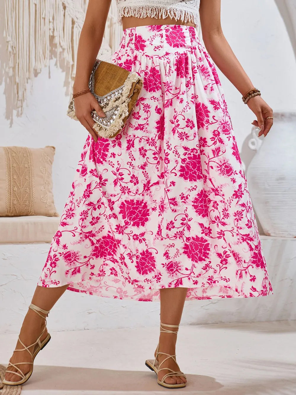 Printed Elastic Waist Midi Skirt