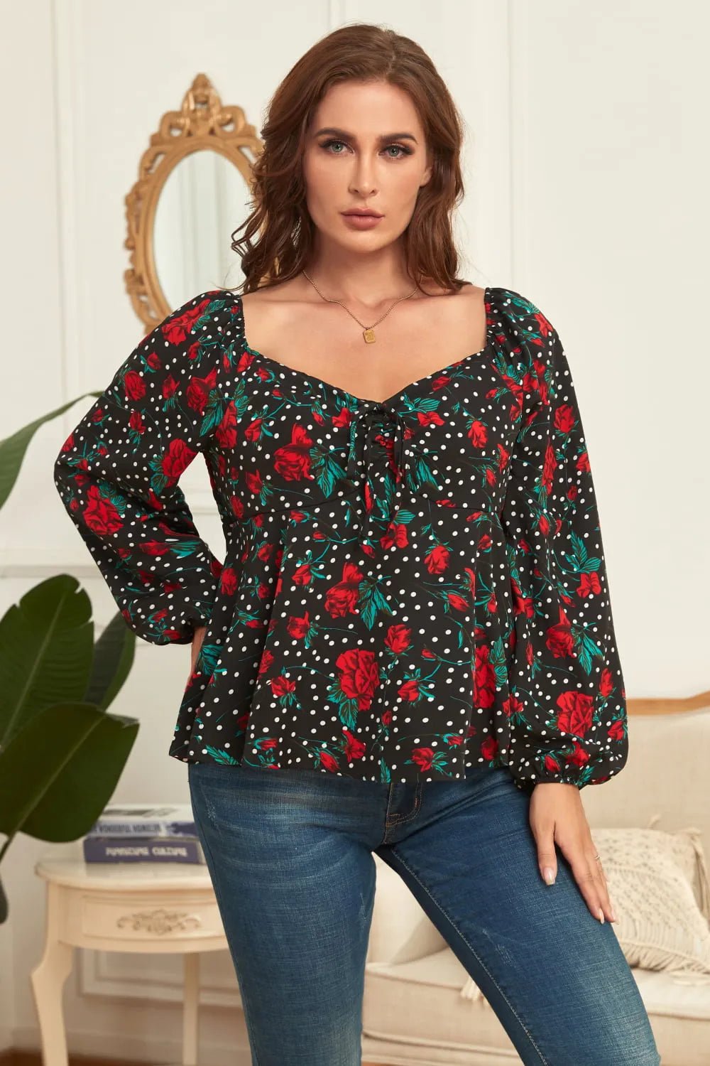 Melo Apparel Plus Size Floral Balloon Sleeve Blouse