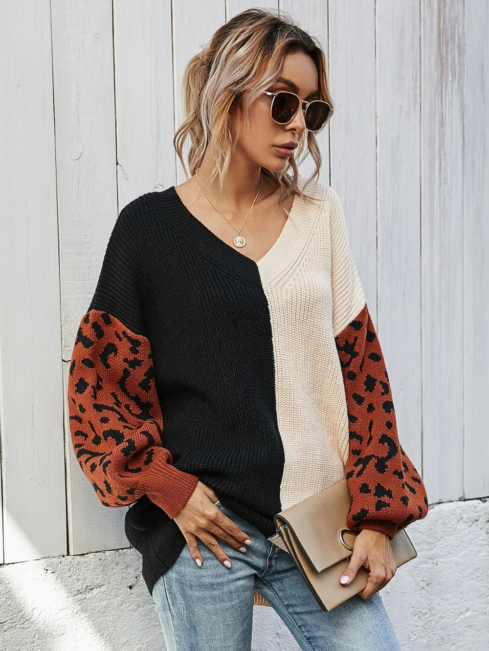 Woven Right Leopard Color Block V-Neck Tunic Pullover Sweater