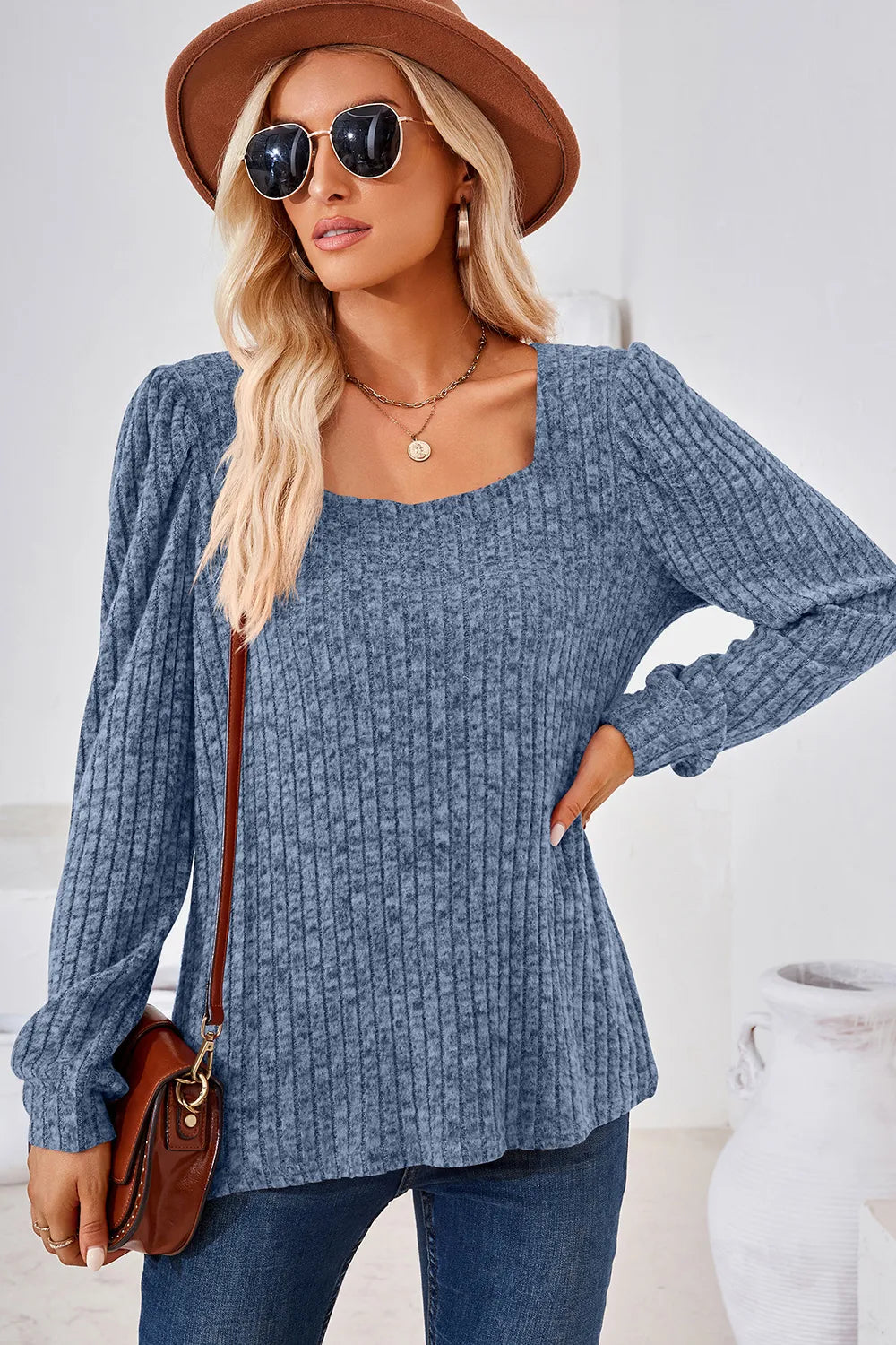 Ribbed Square Neck Long Sleeve T-Shirt