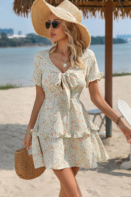 Floral Tie Front V-Neck Mini Dress