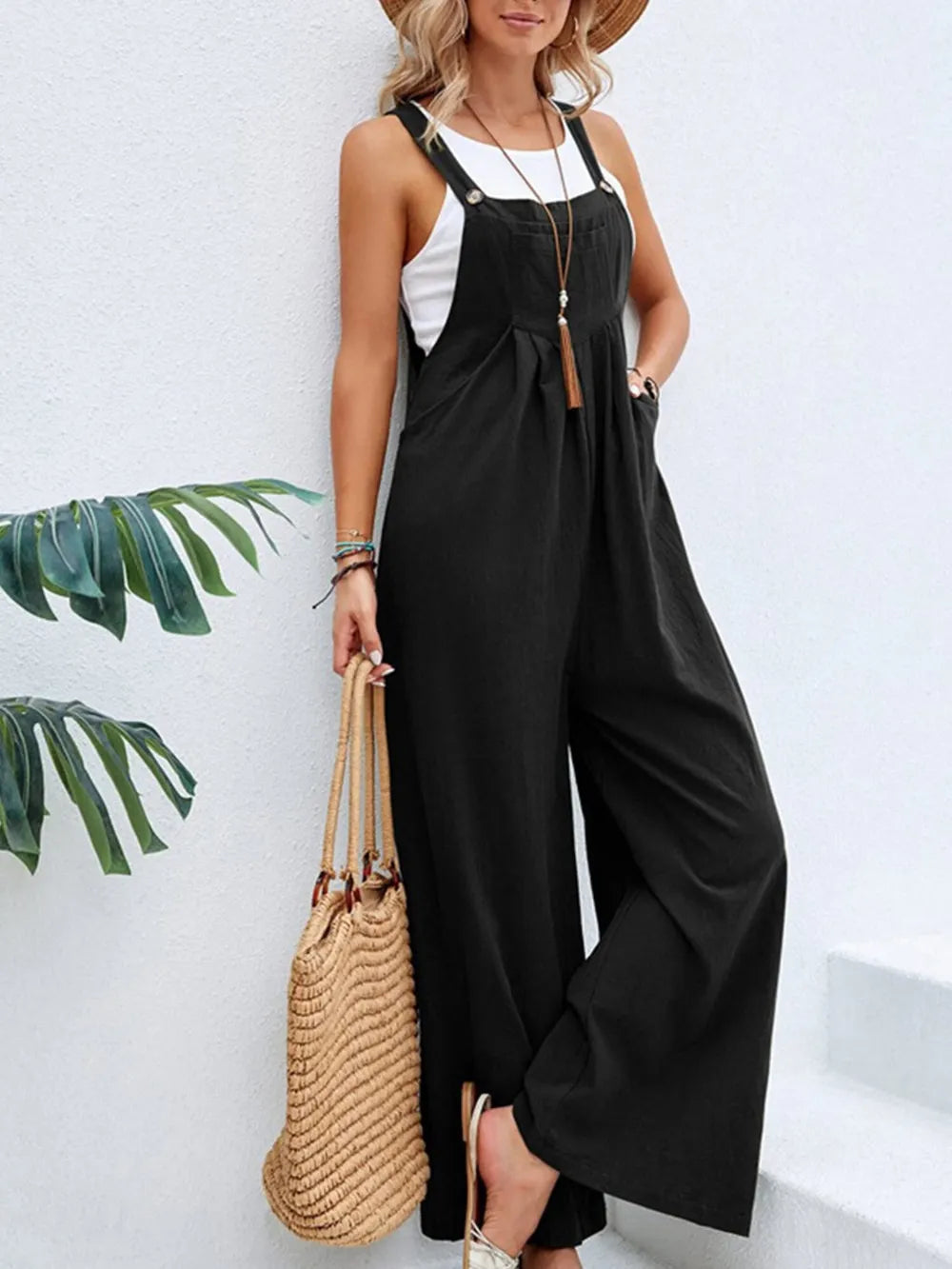 Full Size Square Neck Wide Strap Overalls