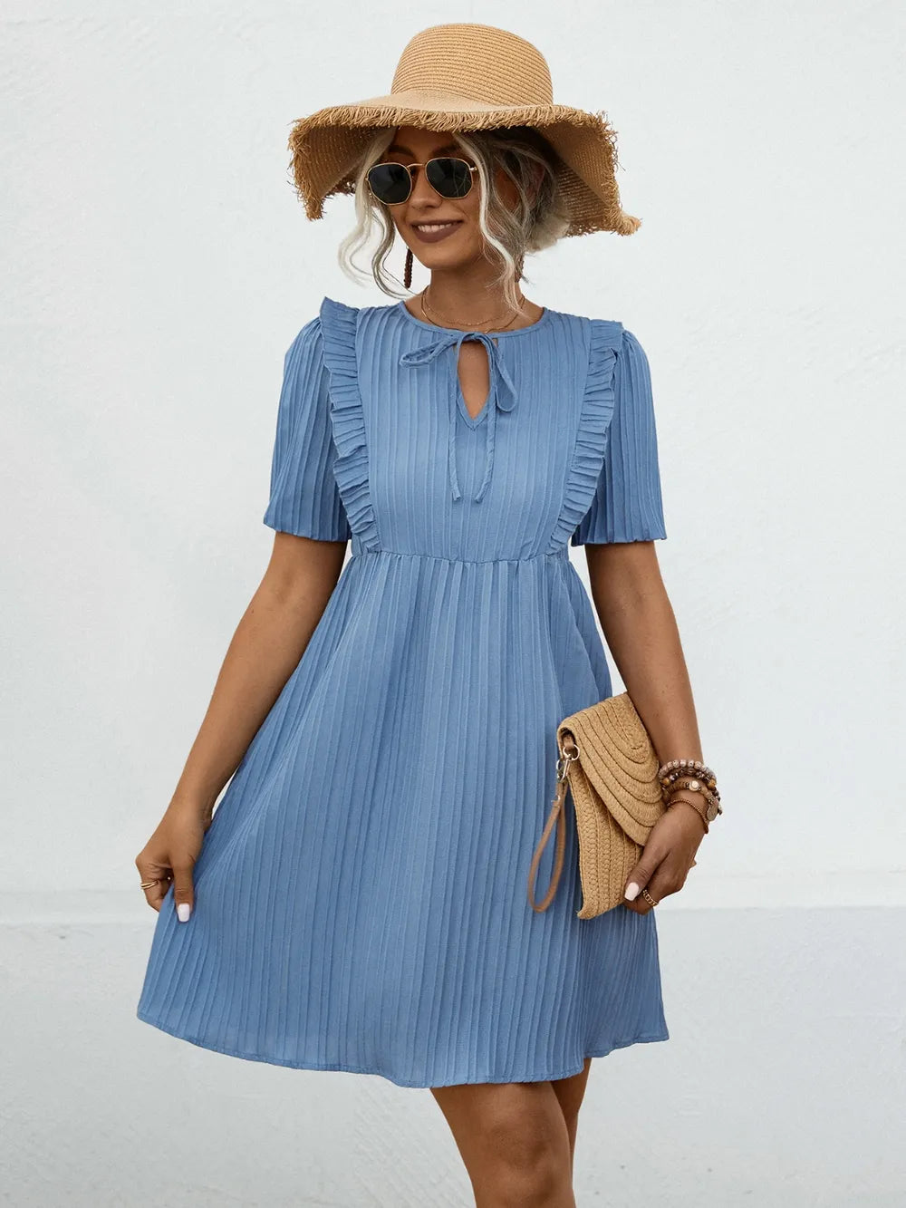 Tie Neck Short Sleeve Mini Dress