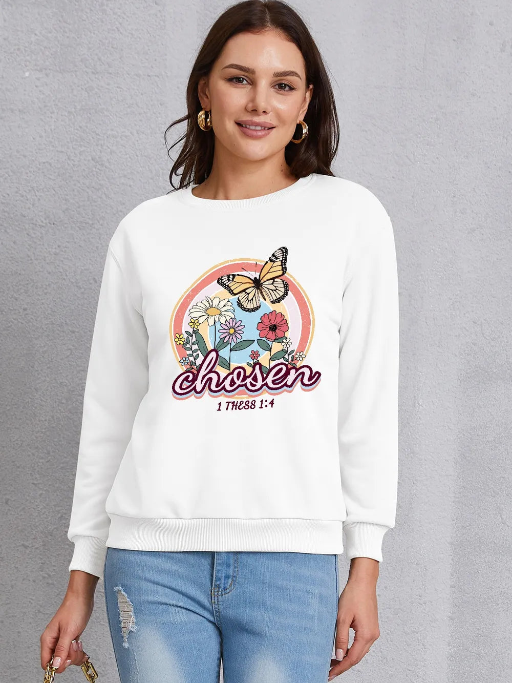 Butterfly Round Neck Dropped Shoulder Sweatshirt