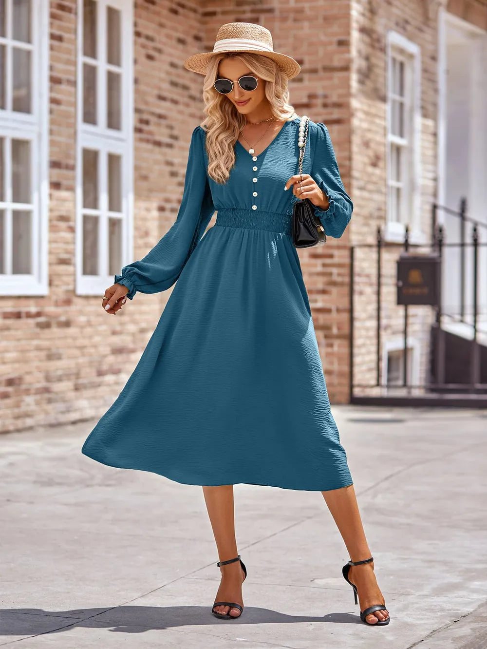 Buttoned V-Neck Flounce Sleeve Midi Dress