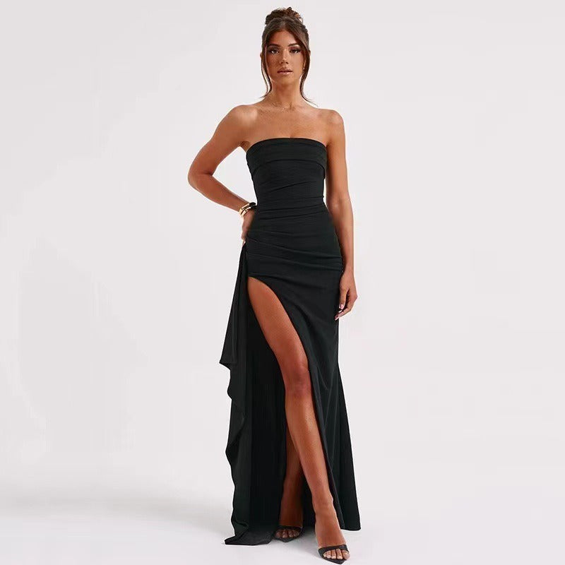 24 new foreign trade cross-border evening dress party women's one-word collar tube top dress sexy backless high split dress