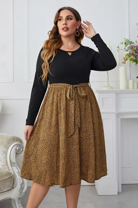 Melo Apparel Plus Size Leopard Long Sleeve Round Neck Dress