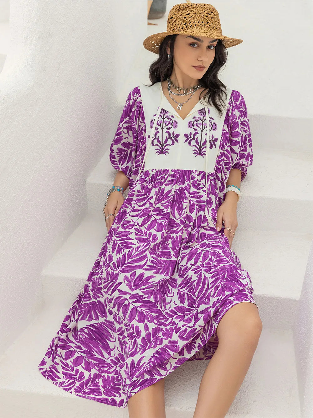 Printed Tie Neck Midi Dress