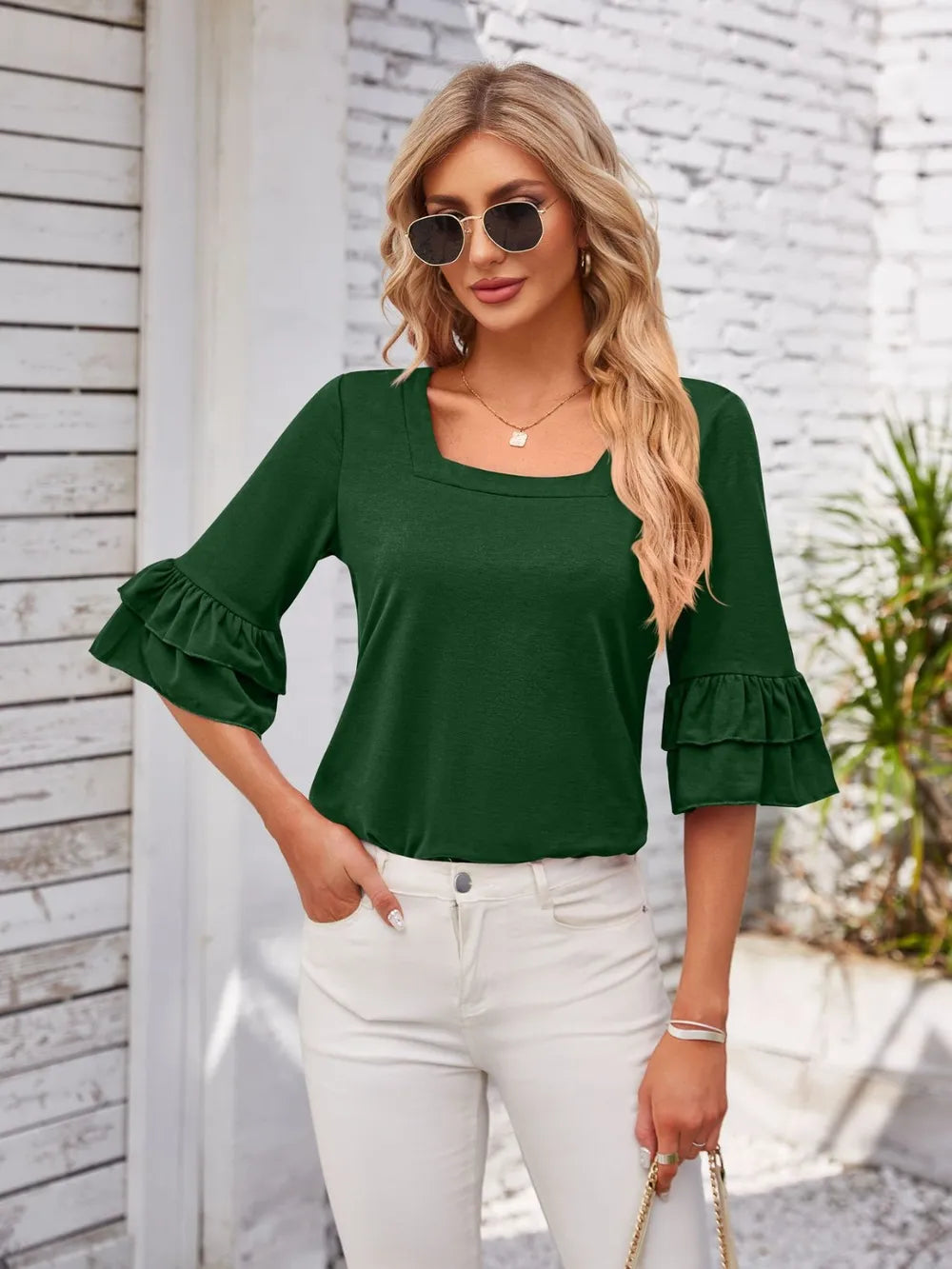 Ruffled Suqare Neck Half Sleeve Blouse