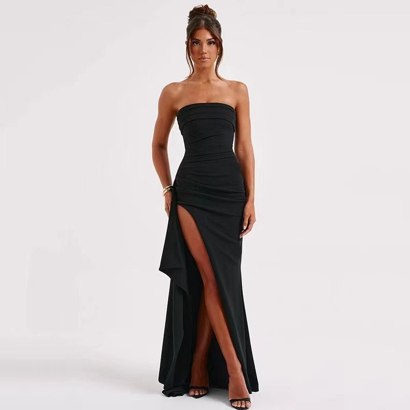 24 new foreign trade cross-border evening dress party women's one-word collar tube top dress sexy backless high split dress