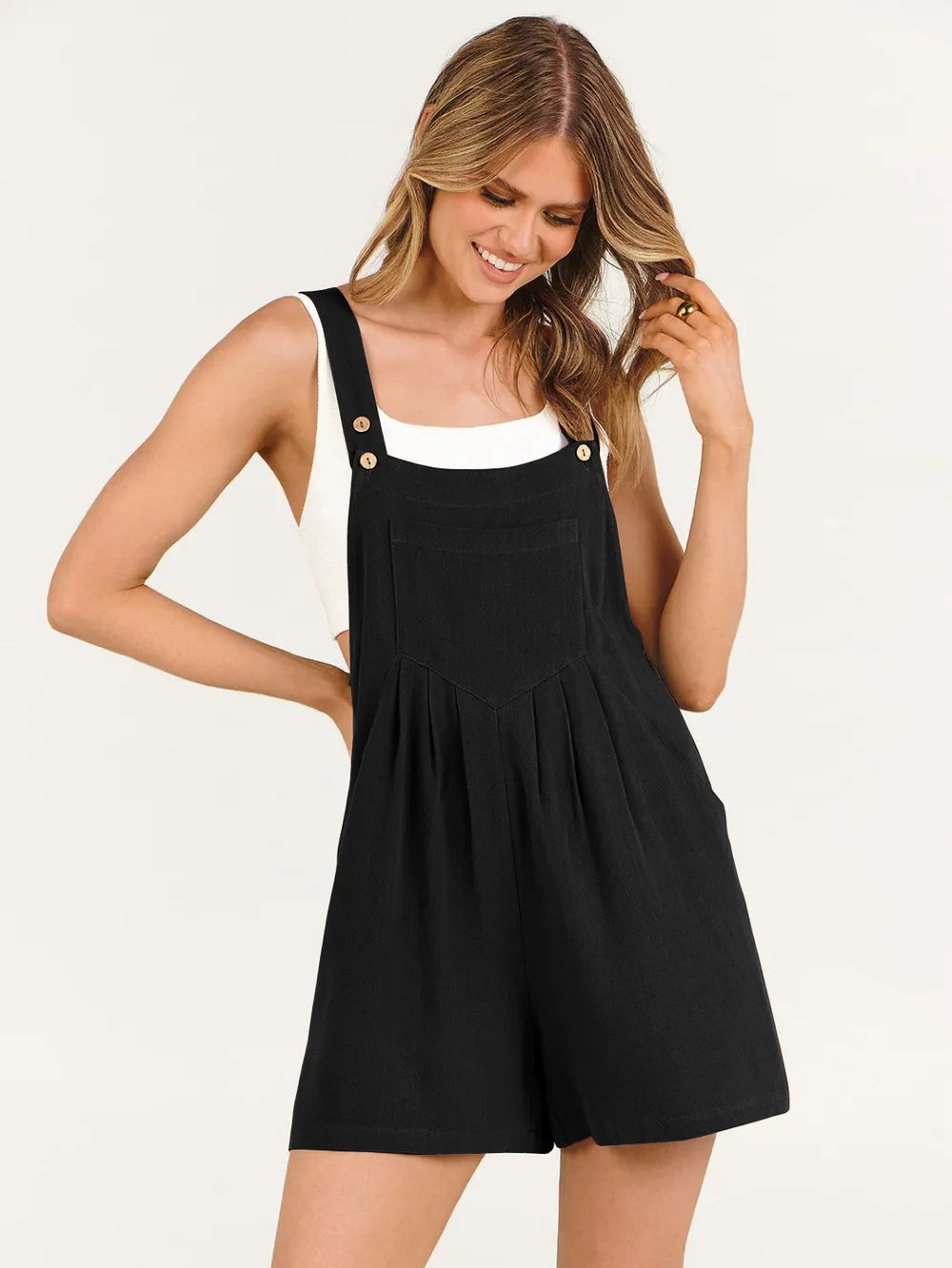 Pocketed Square Neck Wide Strap Romper