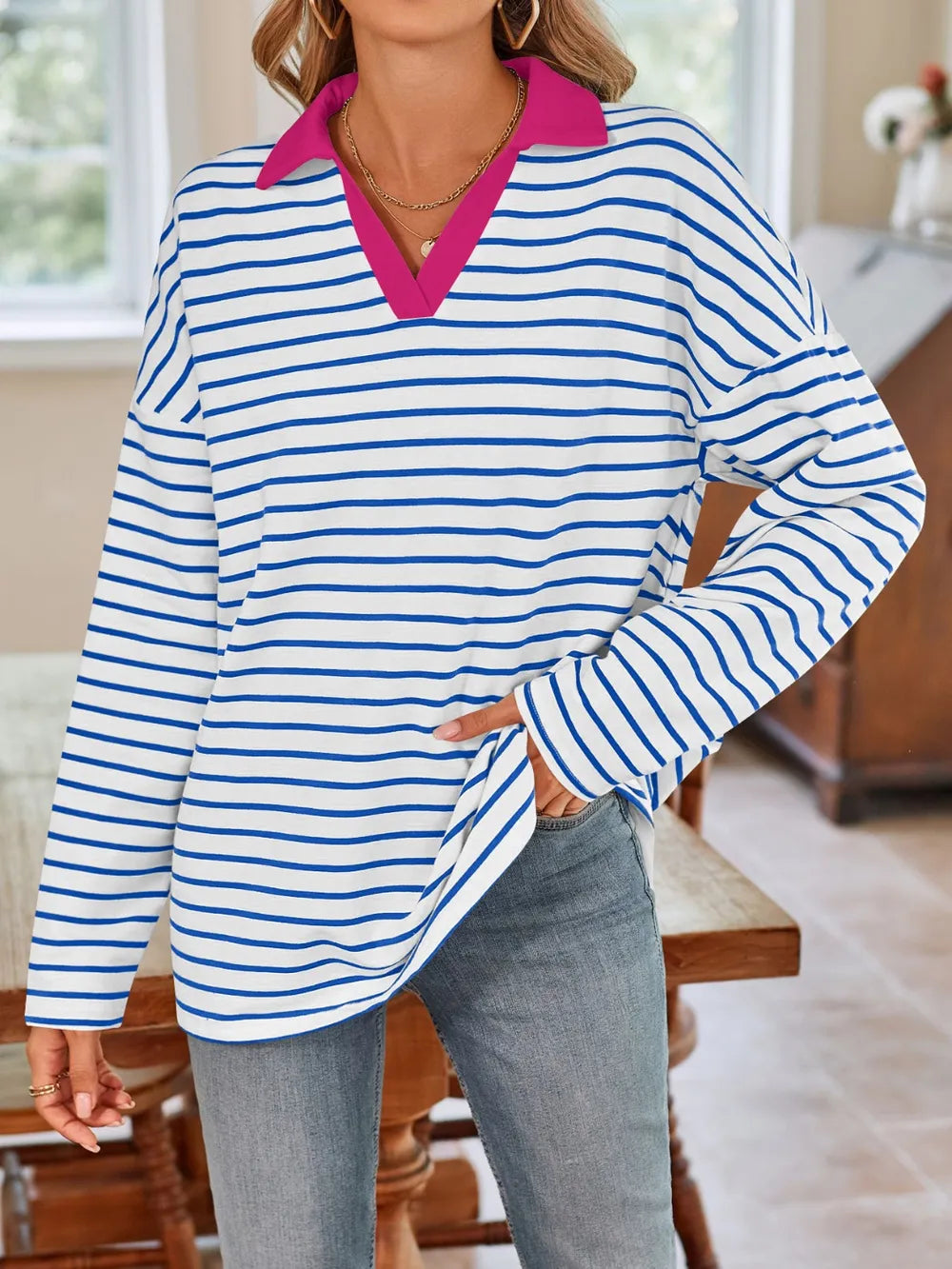 Striped Johnny Collar Long Sleeve T-Shirt