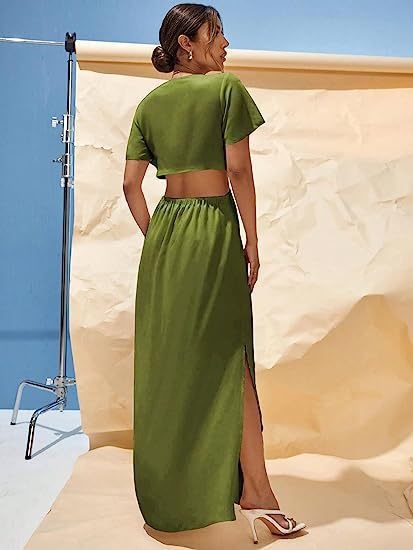 Plunging Neck Knot Front Cut Out Waist Split Thigh Dress