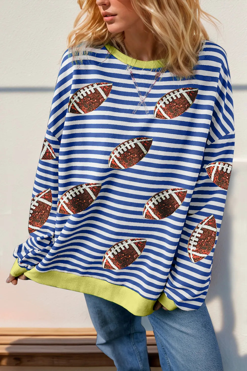 Double Take Full Size Football Sequin Striped T-Shirt