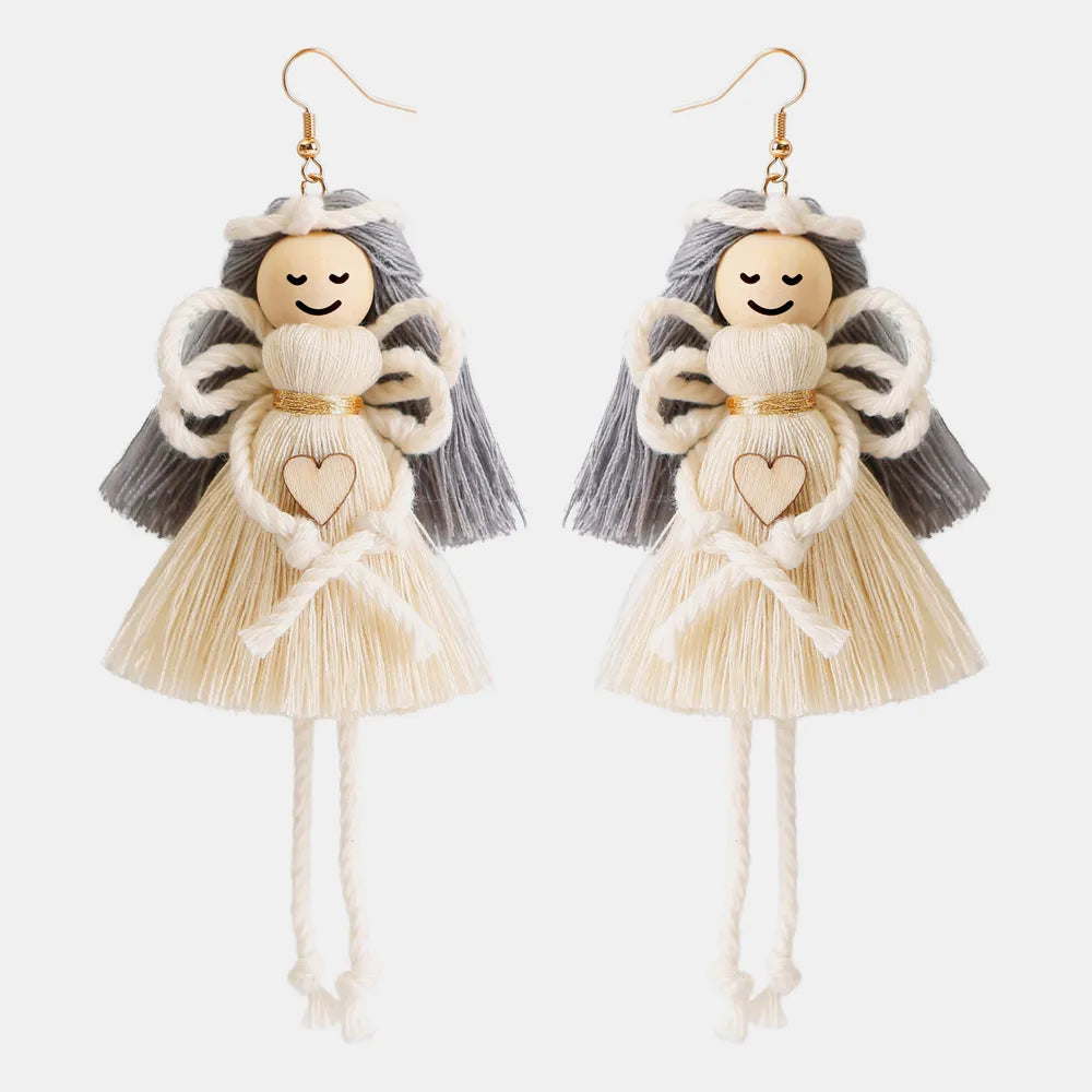 Wood Cotton Cord Brass Angel Dangle Earrings