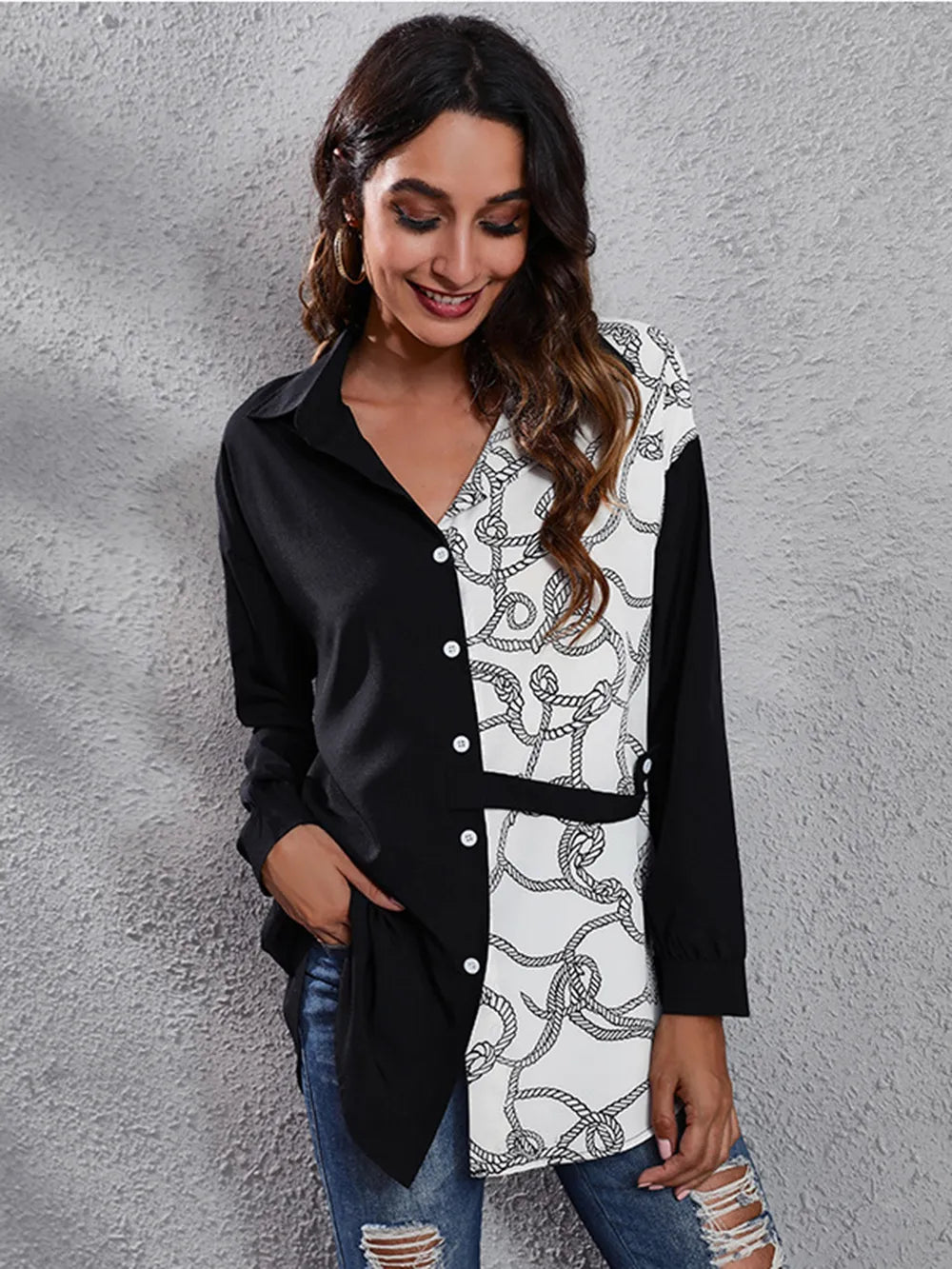 Printed Collared Neck Long Sleeve Shirt