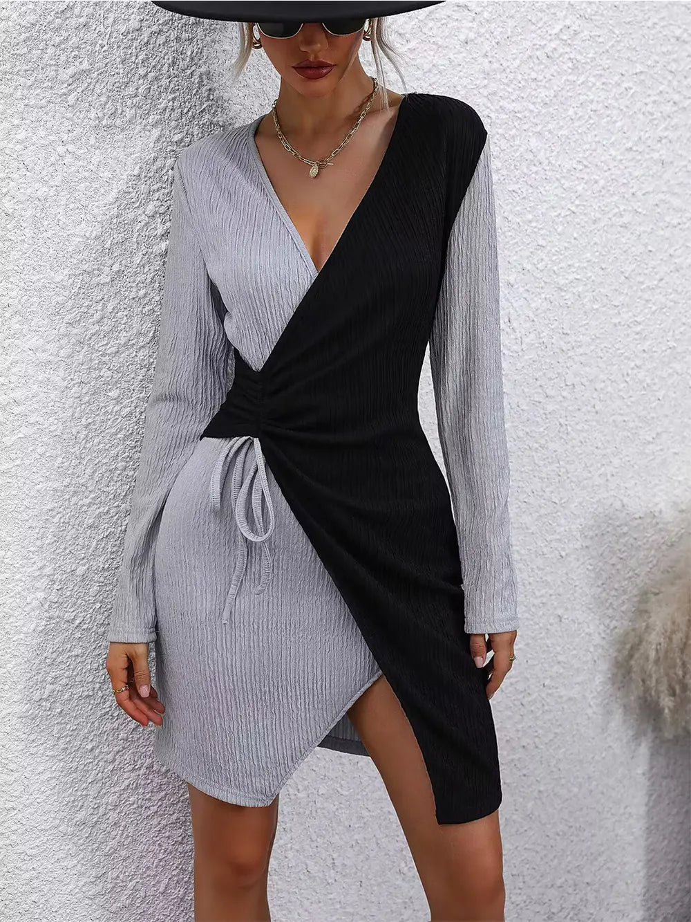 Surplice Contrast Long Sleeve Dress