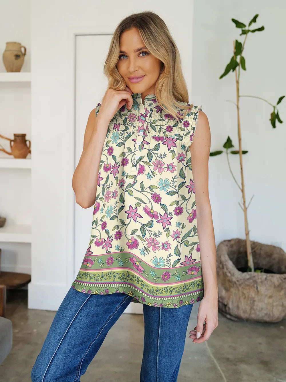 Frill Printed Mock Neck Top