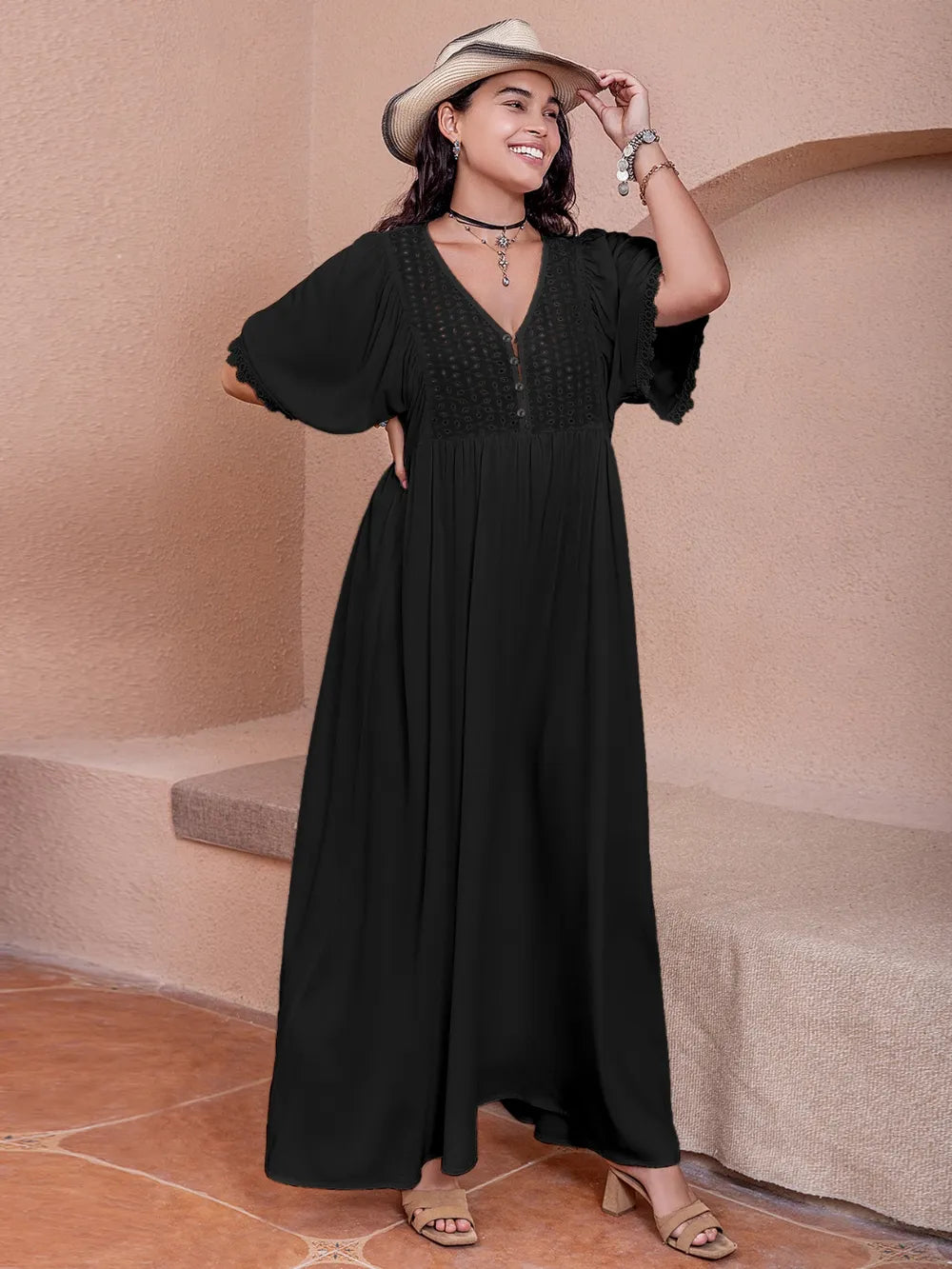 Plus Size Buttoned V-Neck Half Sleeve Dress