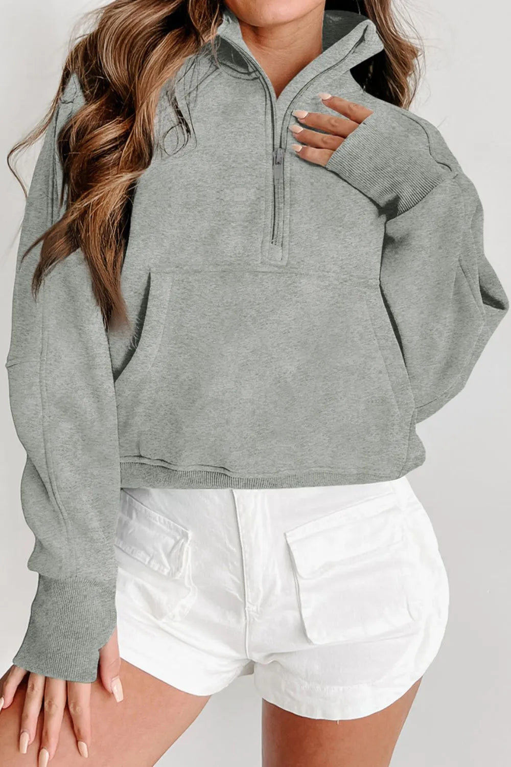 Zip-Up Collared Neck Raglan Sleeve Sweatshirt