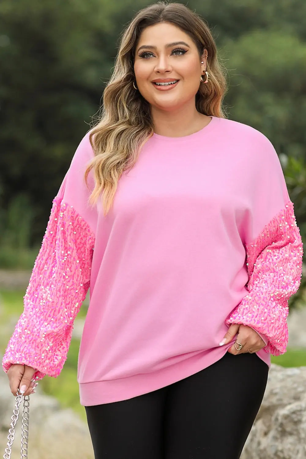 Plus Size Sequin Round Neck Dropped Shoulder Sweatshirt