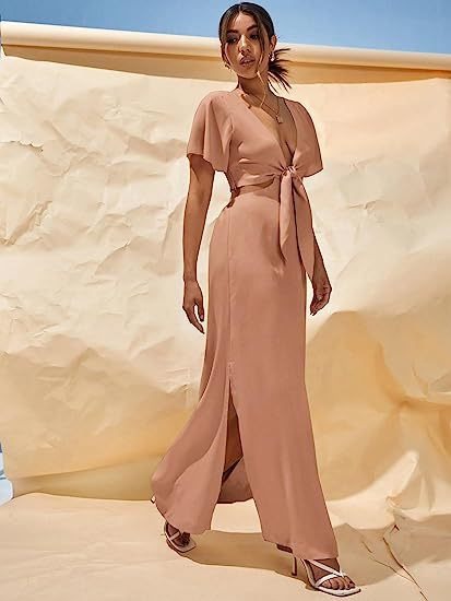 Plunging Neck Knot Front Cut Out Waist Split Thigh Dress