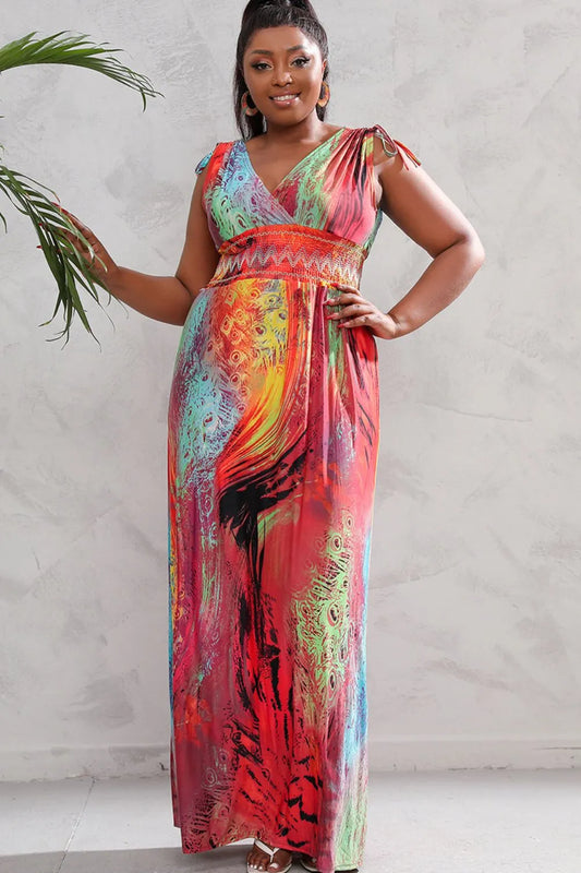 Plus Size Surplice Neck Smocked Waist Maxi Dress